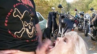 Nasty blond gangbanged by bikers