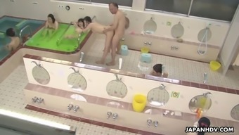 filthy old man fucks a bunch of japanese girls in a public bathroom