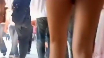 Woman in jeans mini skirt great ass upskirt