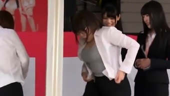 Elegant Asian babes get fucked hard together in the office