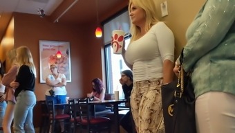 MILF huge tits tight see through top