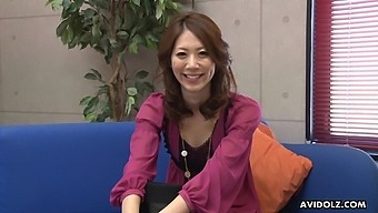Whorish Asian girl Riko Miyase gives a blowjob to several guys