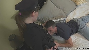 Transgender in police uniform Natalie Mars gets facial after hardcore anal sex
