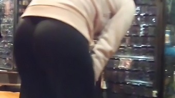 Candid perfect ass in leggings bending over close up
