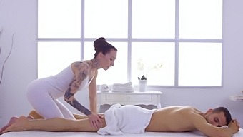 Sensual massage ends with tattooed Esluna being fucked by her client