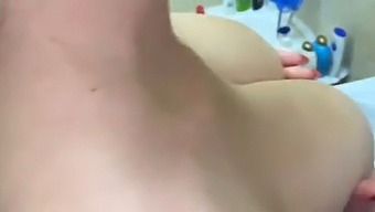 Fucking Daddy's young and big-boobed wife in the bathroom. Cumming on her tits