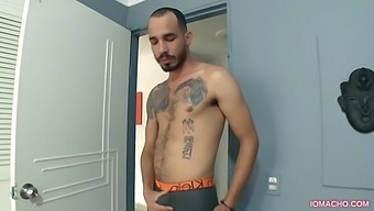 Leon stands in the doorway and starts to get aroused as he undresses. Naked and with a big boner, a horny Latino walks up to the bed and starts jerking off.