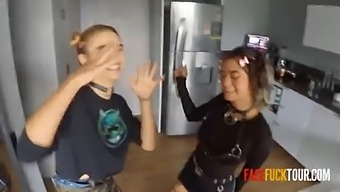 2 submissive kneeling goth teens face fucked roughly simultaneously