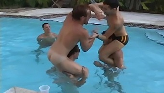 Outdoor gay dick sucking and fucking by the pool with hot dudes