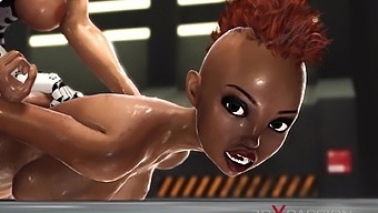 A hot black girl gets fucked hard by a cyber angel shemale in the sci-fi prison