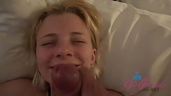 POV video of a young blonde giving a satisfying blowjob and getting facialed