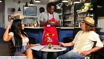 Brunette pornstar with amazing boobs gets pounded by black waiter