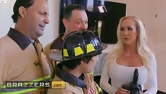Brandi Love's big natural tits bounce as she gets called to the fire