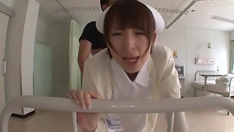 A Japanese nurse in lingerie gives a blowjob before getting her pussy pounded