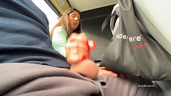 Amateur brunette gets jerked off and sucked by stranger in public bus