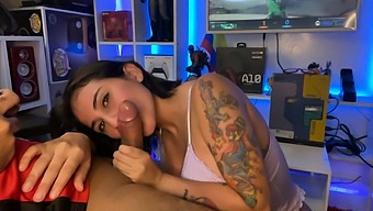 Tattooed babe swallows my big cock in HD porn