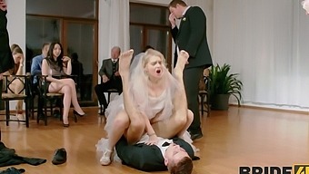 Wedding day orgy with a blonde bride in stockings