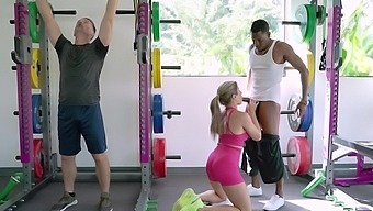 Ebony man pleasures his wife's moist vagina during workout session